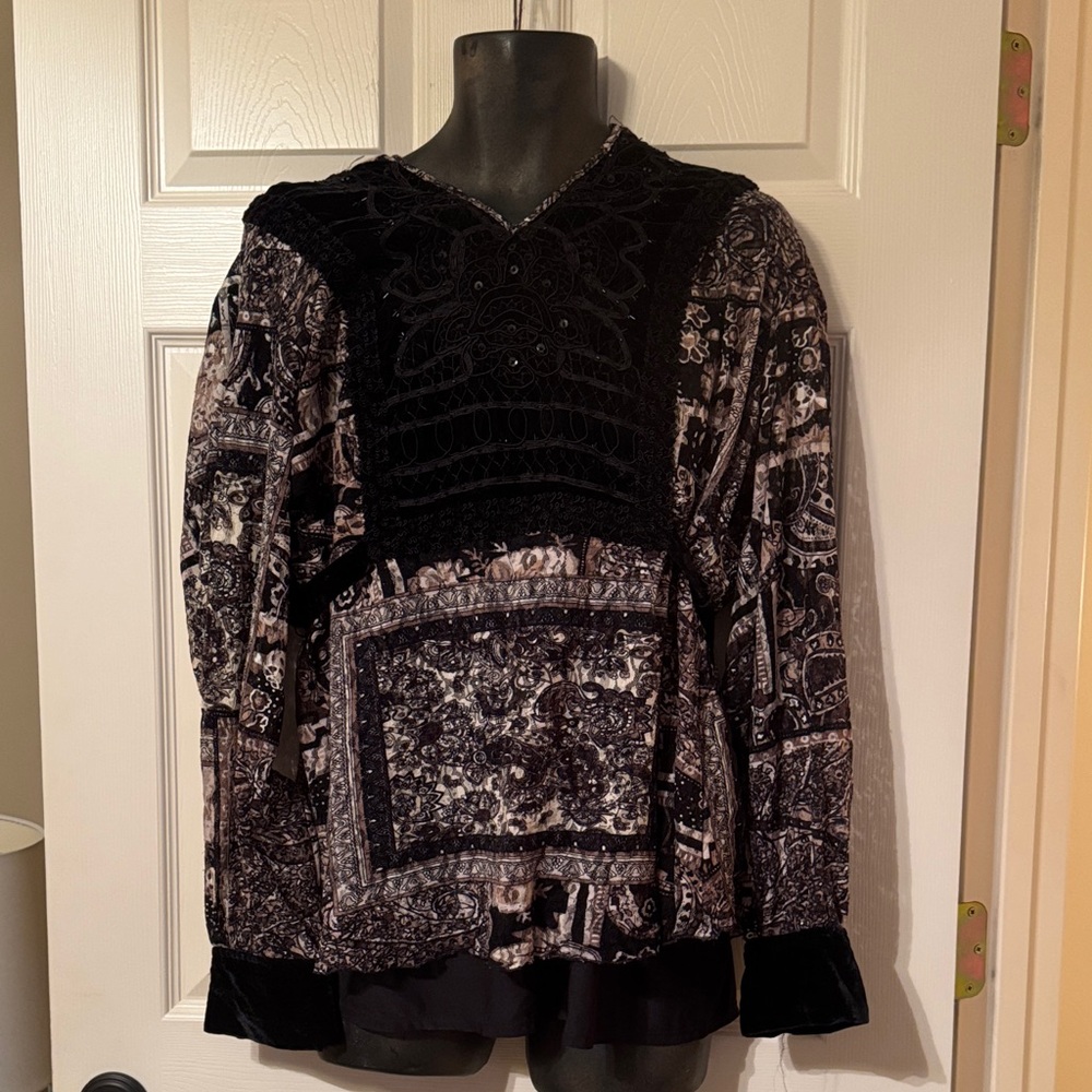 Lane Bryant Black Velvet Panel Patterned Boho Blouse